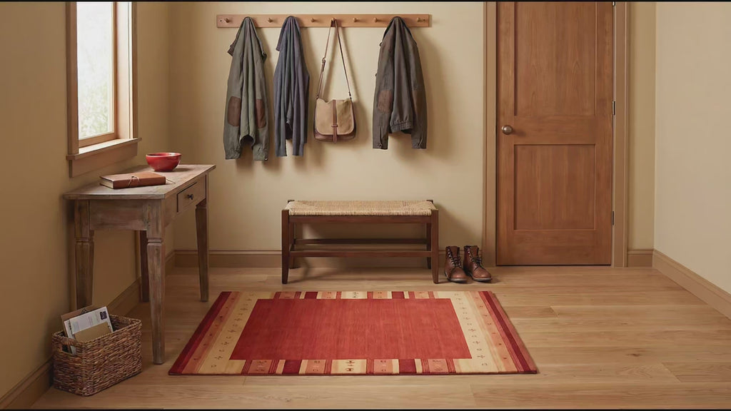 Handloomed Red Gabbeh Tribal Wool Area Rug room scenes video