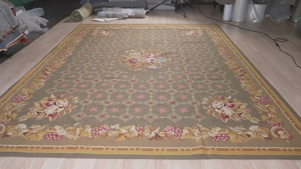 Vintage Aubusson flat weave rug, detail video
