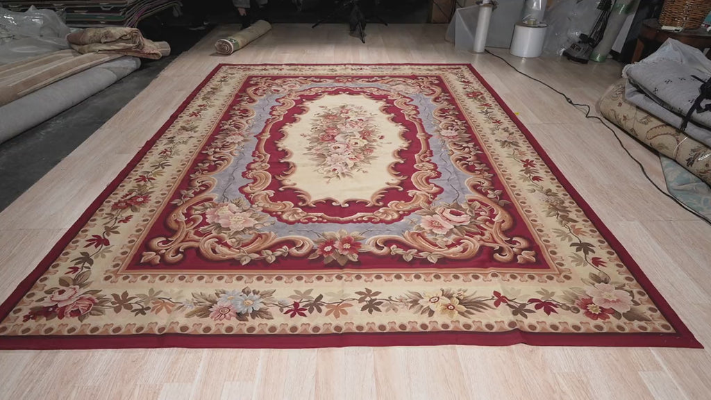 Vintage Aubusson Flat Weave Rug, Burgundy Rose Medallion, detail video