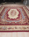 Vintage Aubusson Flat Weave Rug, Burgundy Rose Medallion, detail video