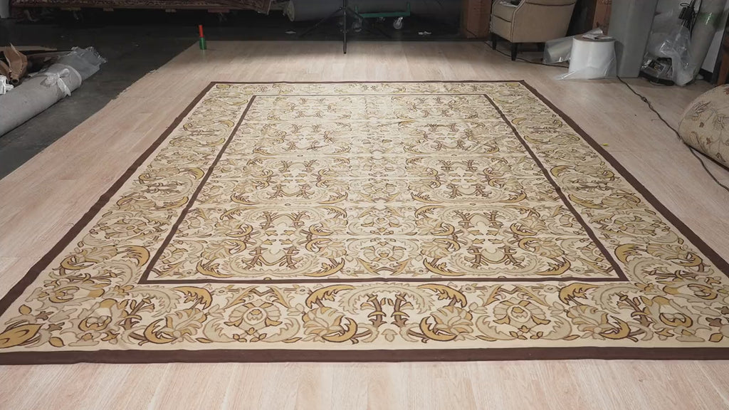 Vintage Aubusson Flat Weave Rug, Beige Renaissance Scroll, detail video