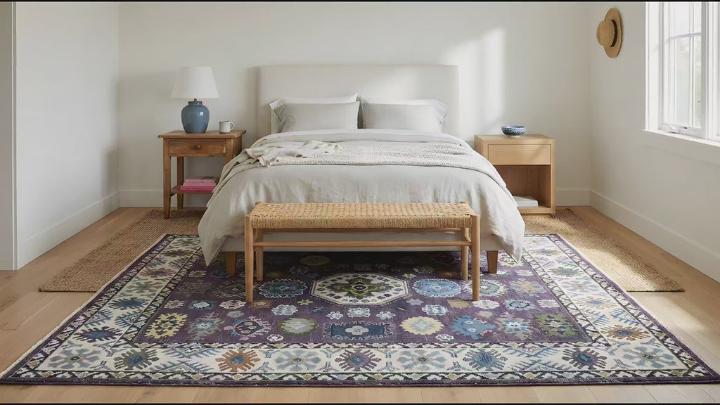 Cassandra Kazak Purple Hand Knotted Wool Rug room scenes video