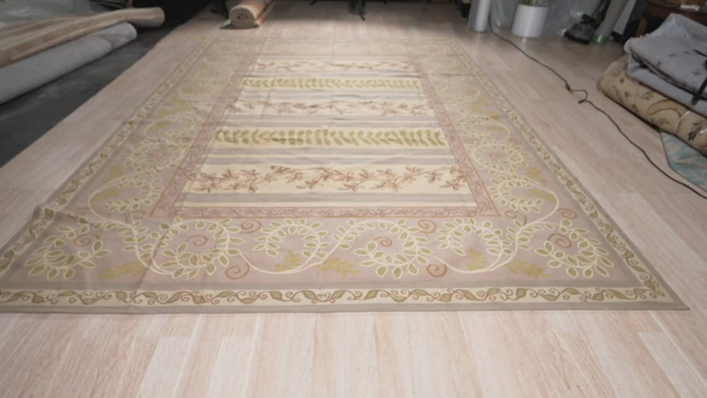 Vintage Aubusson Flat Weave Rug, Lilac Grey Fern and Vine Stripe, detail video