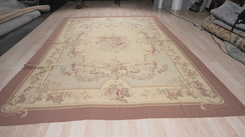 Vintage Aubusson Flat Weave Rug, Pastel Rose Bouquet, detail video
