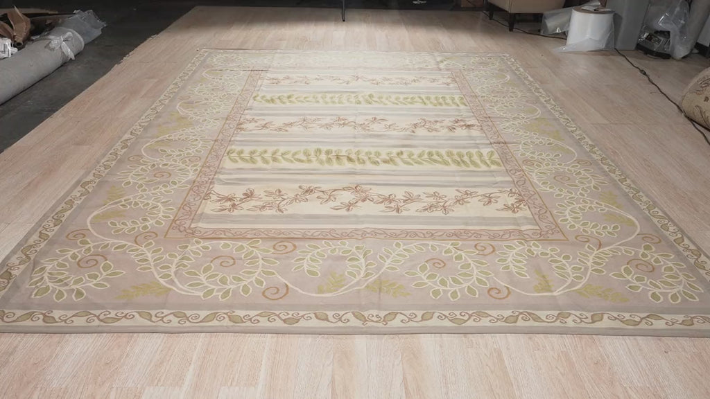 Vintage Aubusson Flat Weave Rug, Lilac Grey Fern Stripe, detail video