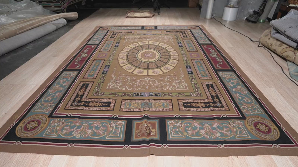 Vintage Aubusson Flat Weave Rug, Neoclassical Compass Medallion, detail video