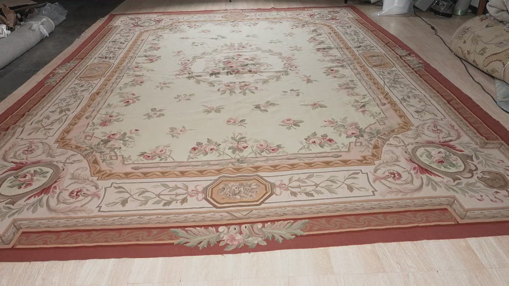 Vintage Aubusson Flat Weave Rug, Louis Philippe Rose Wreath, detail video