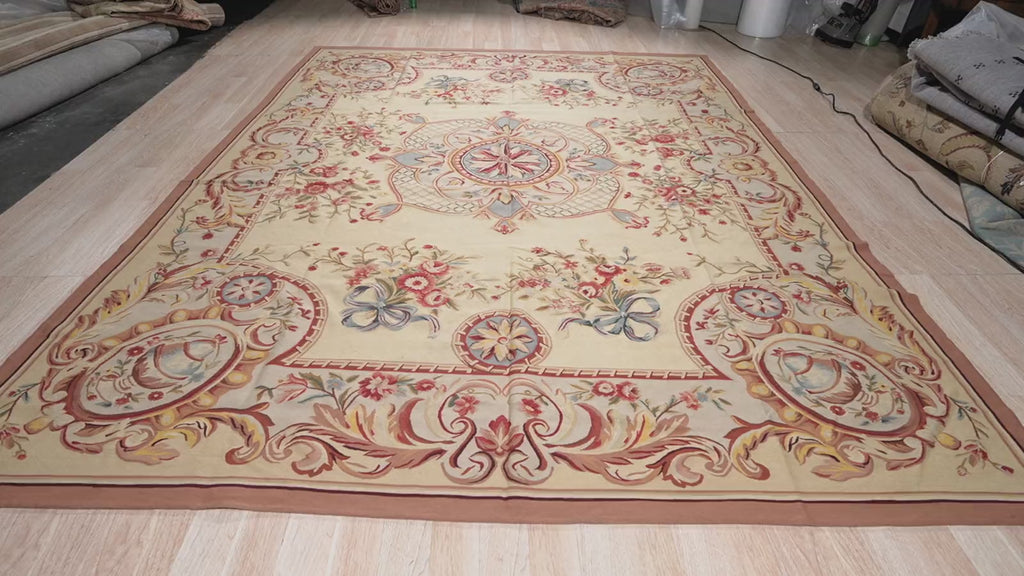 Vintage Aubusson Flat Weave Rug, Louis XV Rosette Medallion, detail video