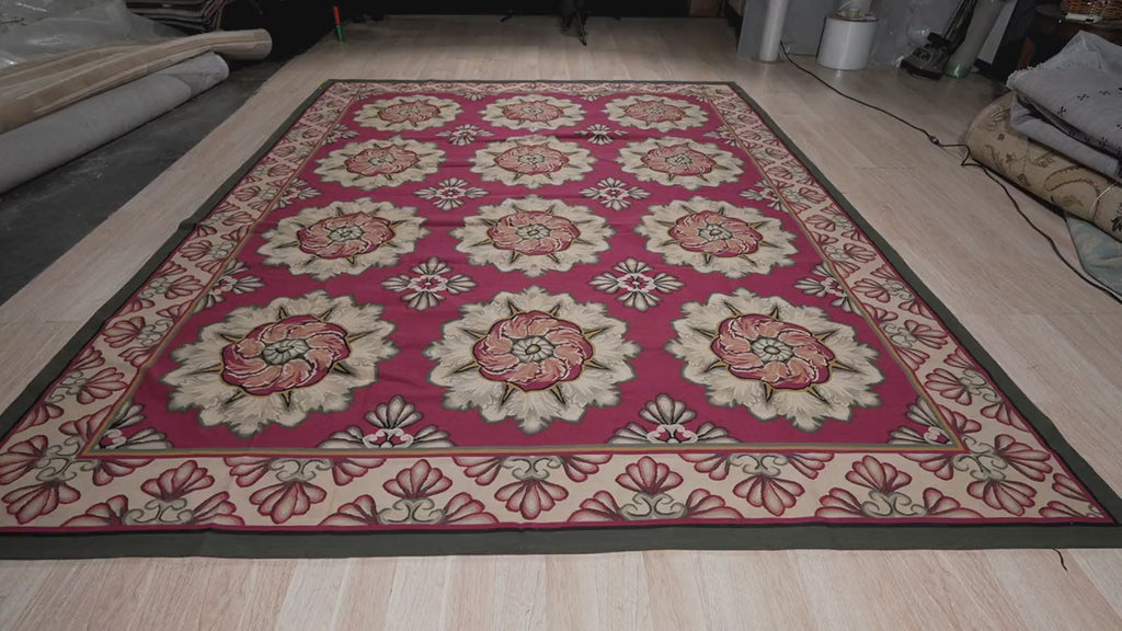 Vintage Aubusson Flat Weave Rug, Raspberry Rosette, detail video