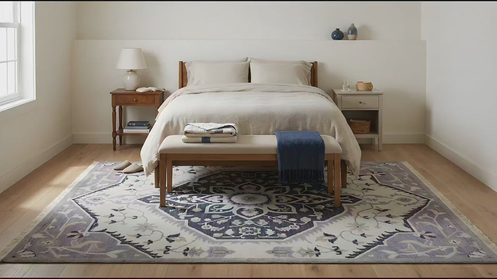 Timeless Oriental Ivory and Gray Hand Knotted Wool Rug room scenes video
