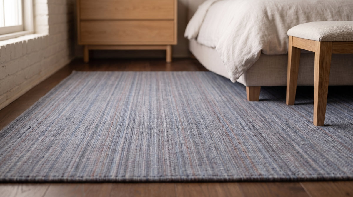 Radiant Chic Multicolor Handmade Wool Rug in a bedroom
