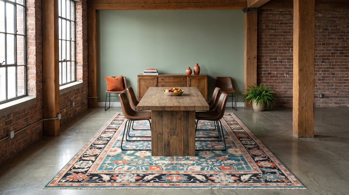 Refined Chic Green Hand Knotted Wool Rug in a dining room