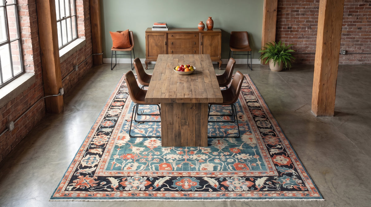 Refined Chic Green Hand Knotted Wool Rug in a dining room
