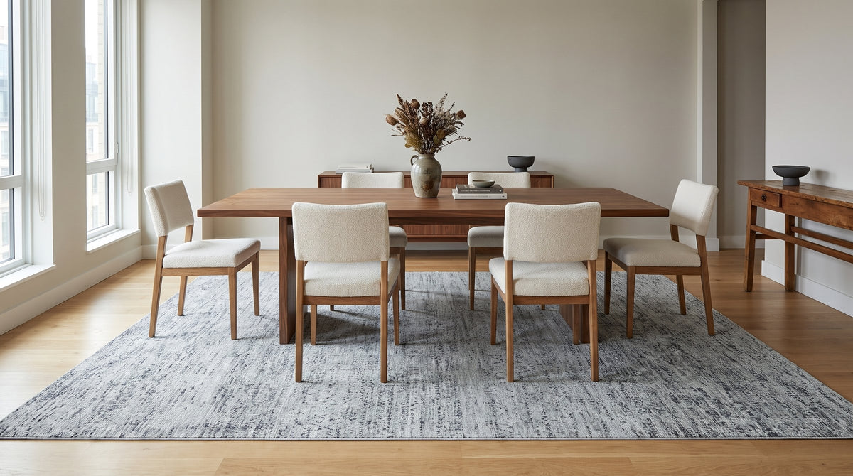 Refined Exquisite Gray Hand Knotted Silk Rug in a dining room