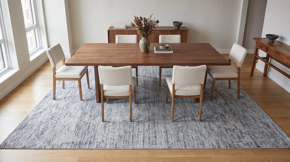 Refined Exquisite Gray Hand Knotted Silk Rug in a dining room