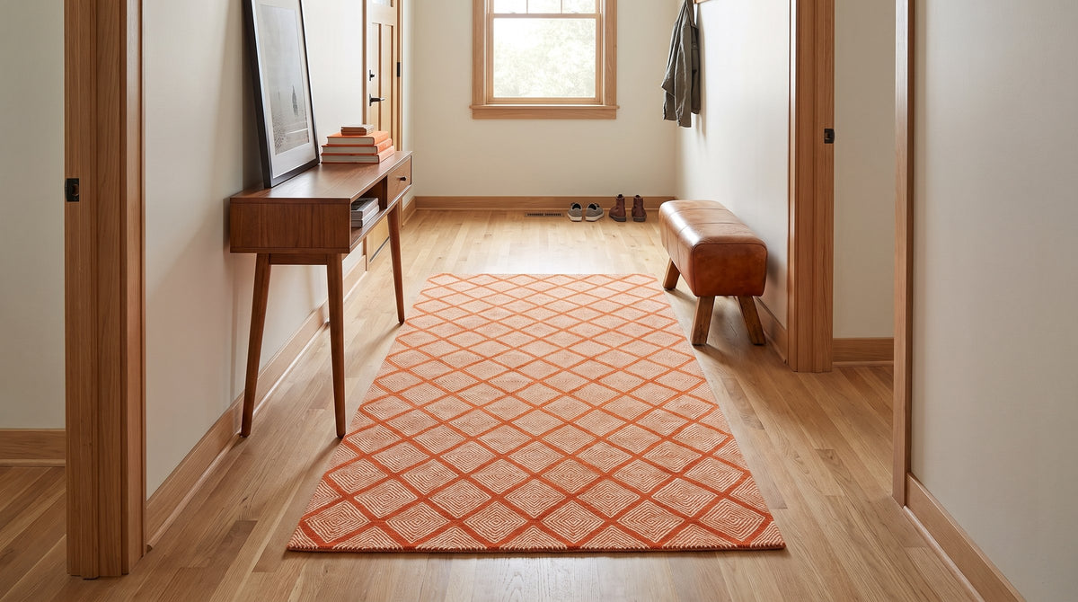 Refined Luxurious Orange Handmade Wool Rug in a hallway