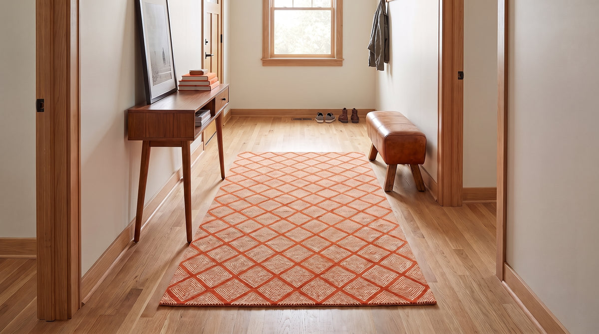 Refined Luxurious Orange Handmade Wool Rug in a hallway