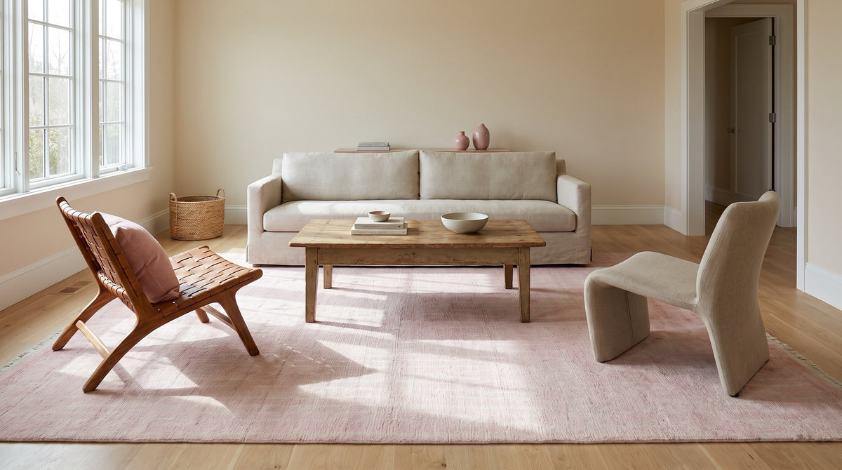 Rhea Moroccan Pink Hand Knotted Wool Rug in a living room