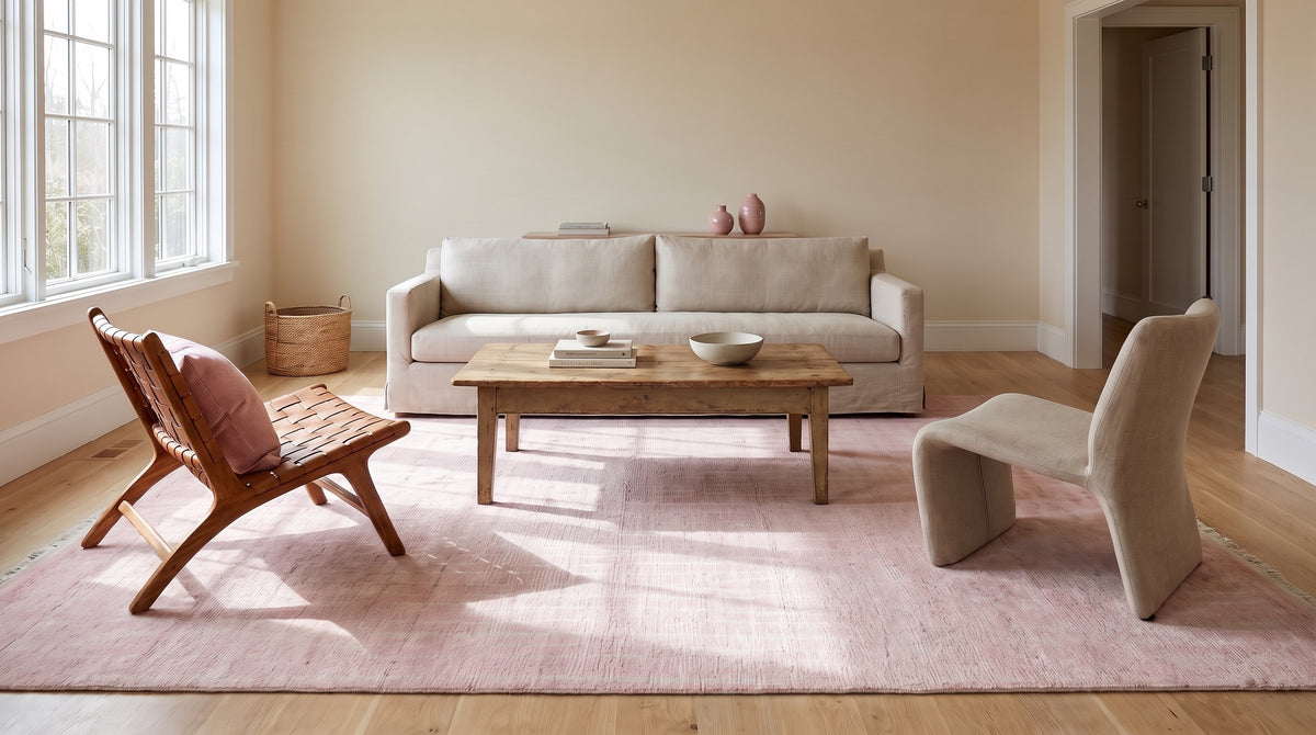 Rhea Moroccan Pink Hand Knotted Wool Rug in a living room
