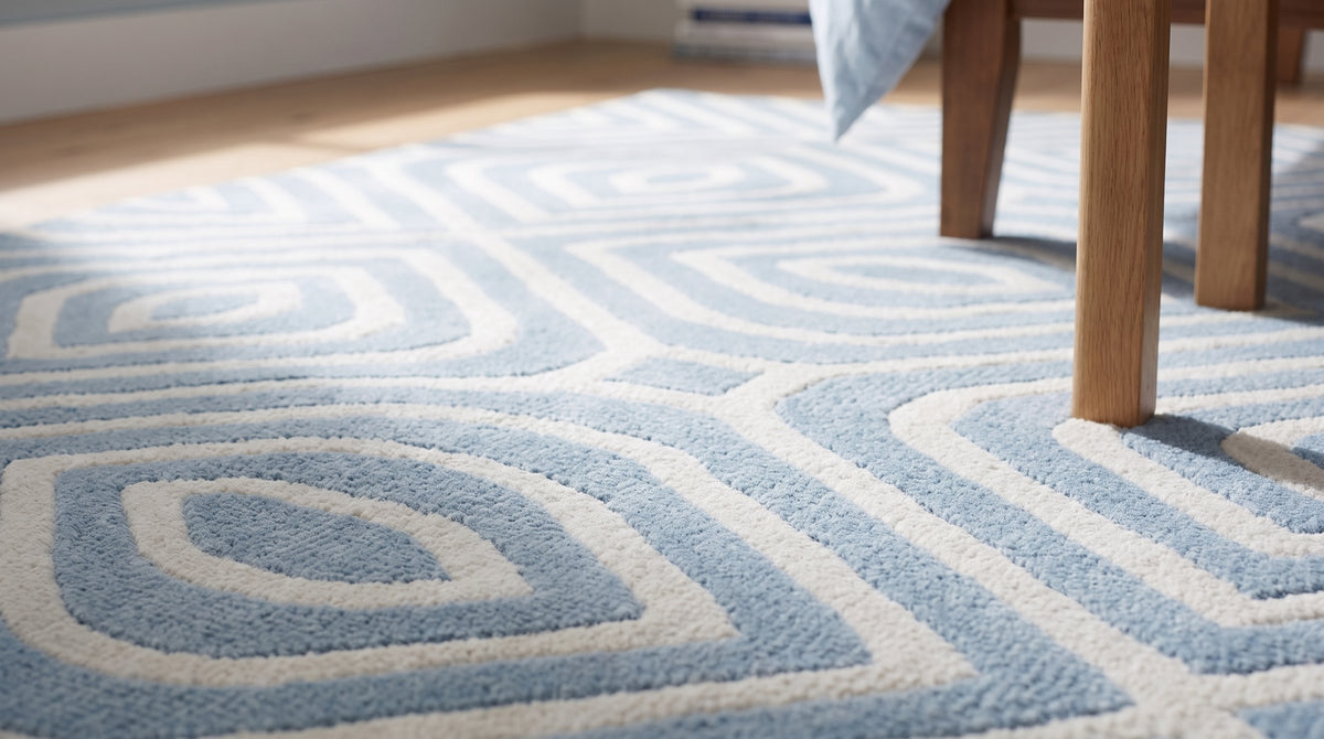 Rhea Stylish Blue Hand Tufted Wool Rug in a bedroom