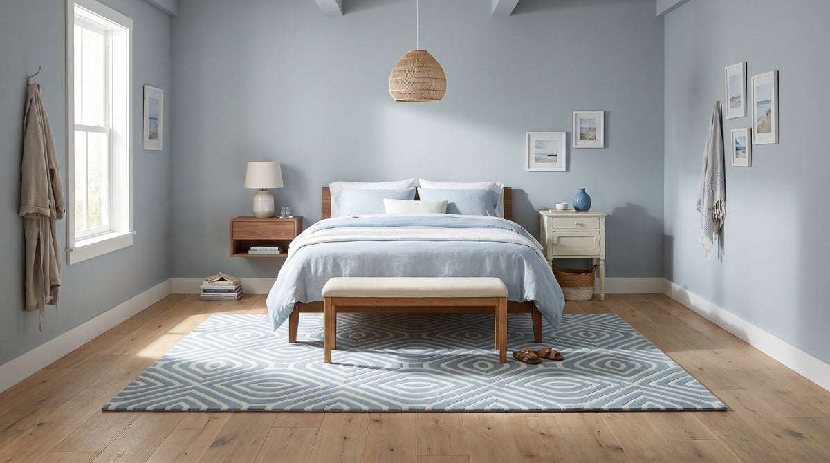 Rhea Stylish Blue Hand Tufted Wool Rug in a bedroom