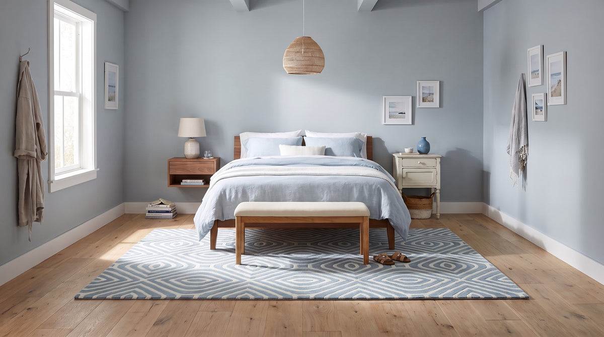 Rhea Stylish Blue Hand Tufted Wool Rug in a bedroom