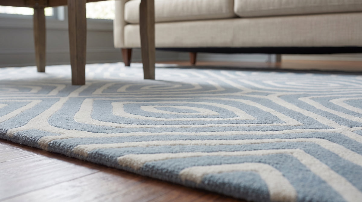 Rhea Stylish Blue Hand Tufted Wool Rug in a living room