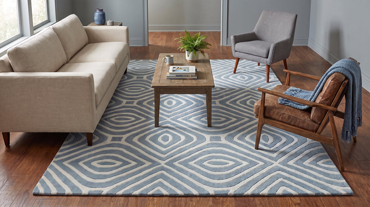 Rhea Stylish Blue Hand Tufted Wool Rug in a living room