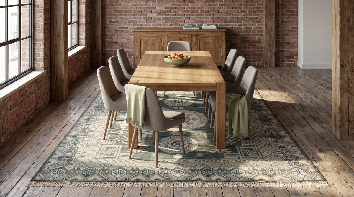 Rhea Traditional Green Hand Knotted Wool Rug in a dining room