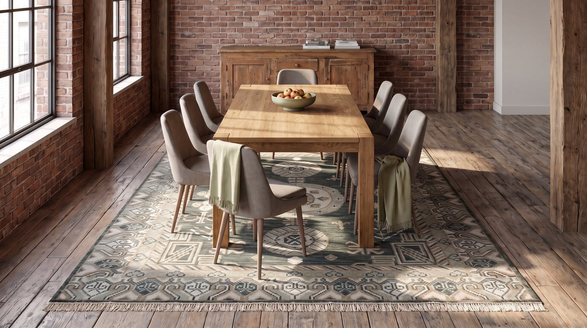 Rhea Traditional Green Hand Knotted Wool Rug in a dining room