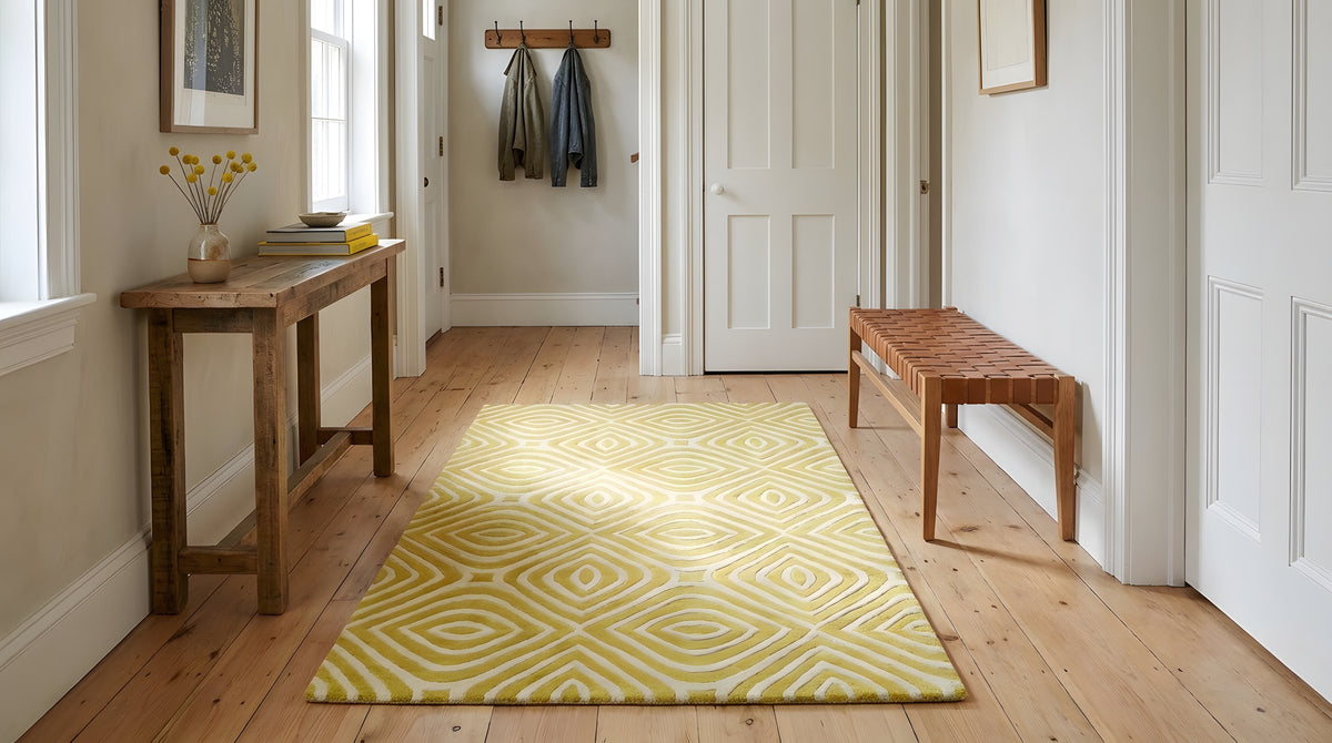 Ruby Para Yellow Hand Tufted Wool Rug in a hallway