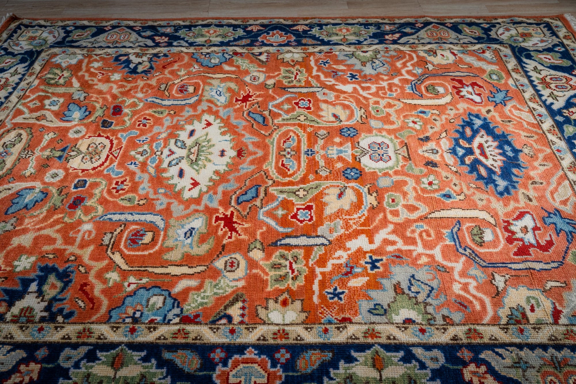 Rust Oushak rug top-down field detail
