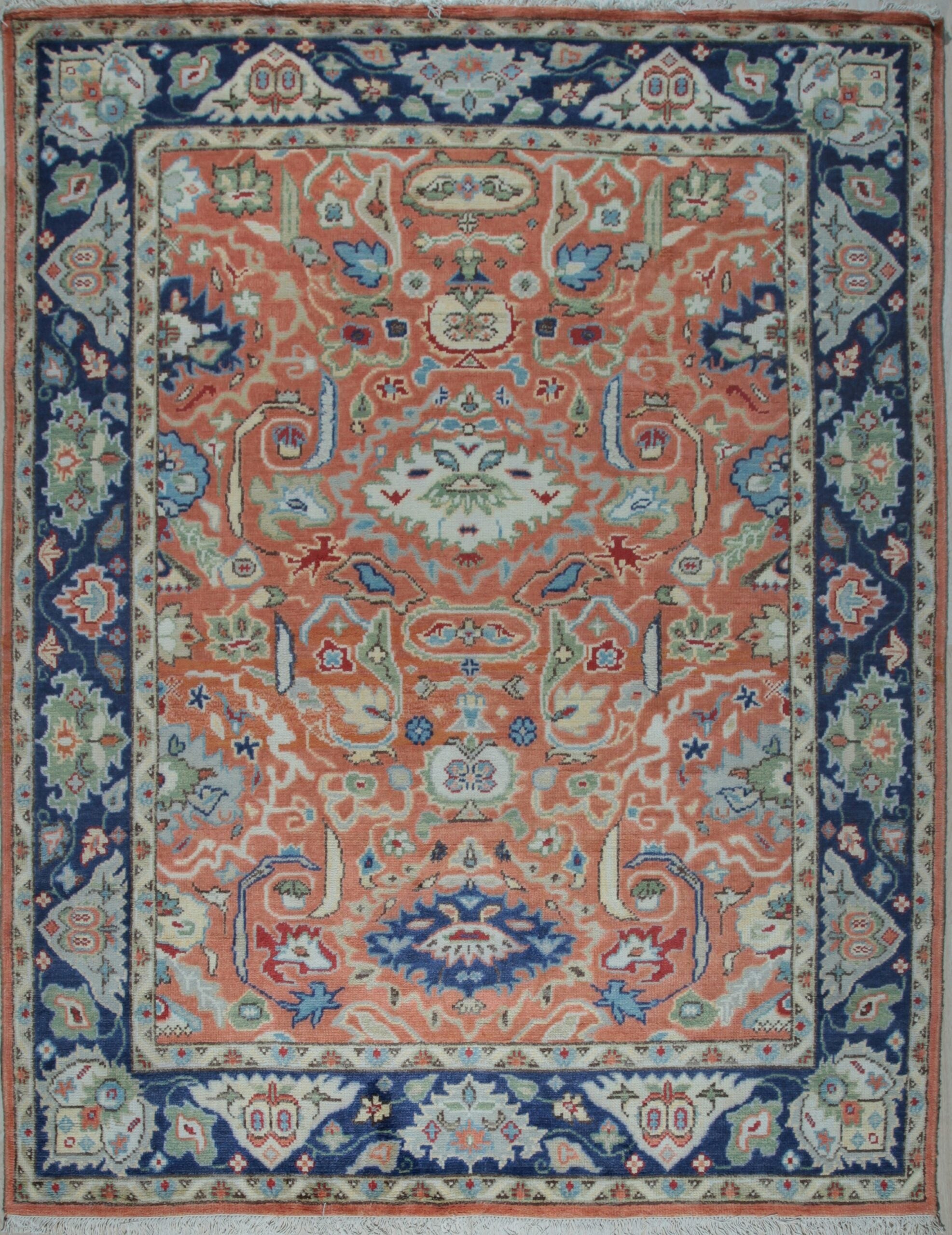 Rust Oushak floral hand-knotted wool area rug, full overhead view