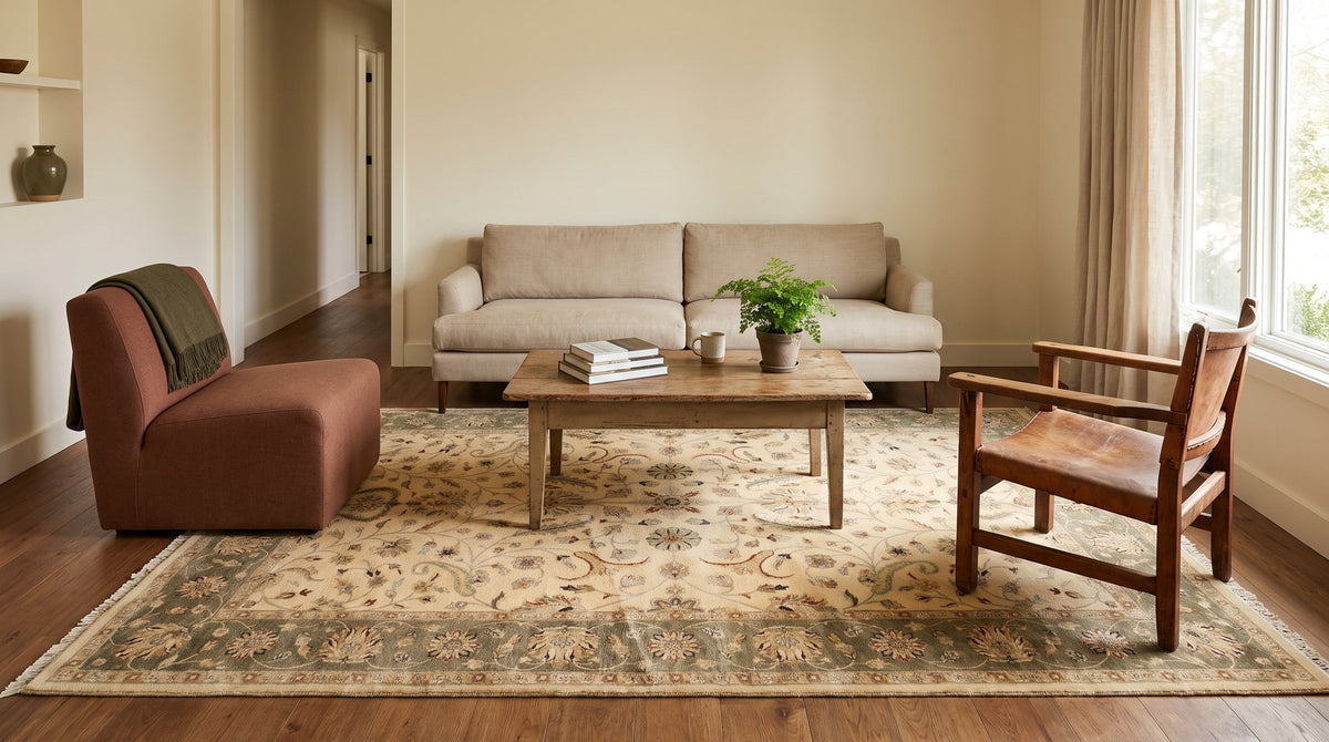 Rustic Agra Multicolor Hand Knotted Wool Rug in a living room