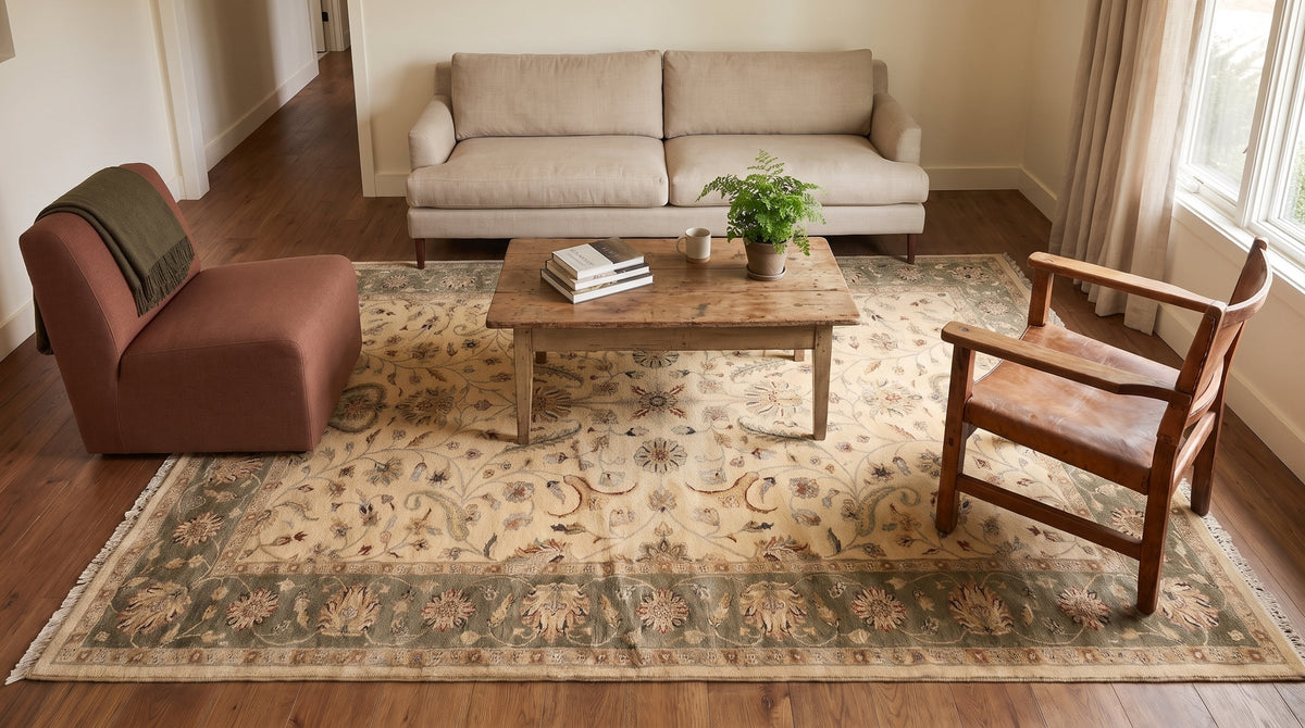 Rustic Agra Multicolor Hand Knotted Wool Rug in a living room