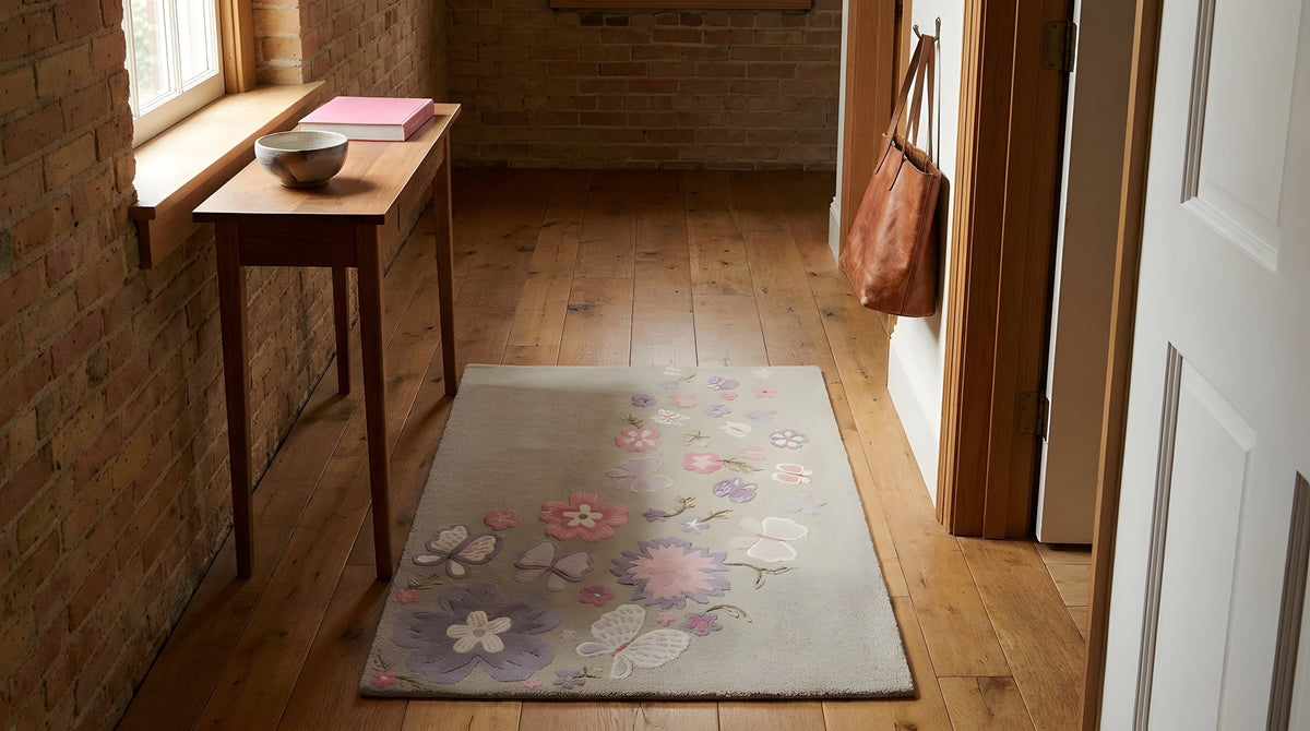 Rustic Elena Gray Hand Tufted Wool Rug in a hallway