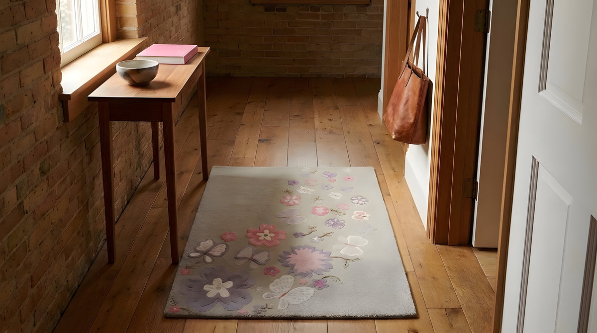 Rustic Elena Gray Hand Tufted Wool Rug in a hallway