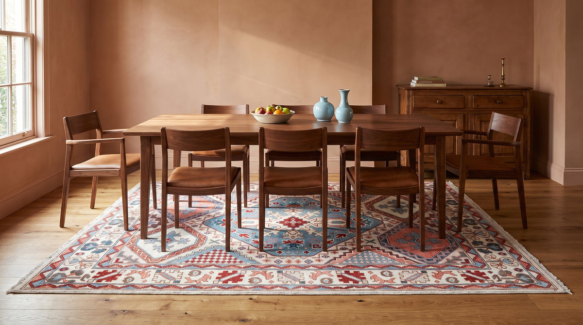 Rustic Isla Gray Hand Knotted Wool Rug in a dining room
