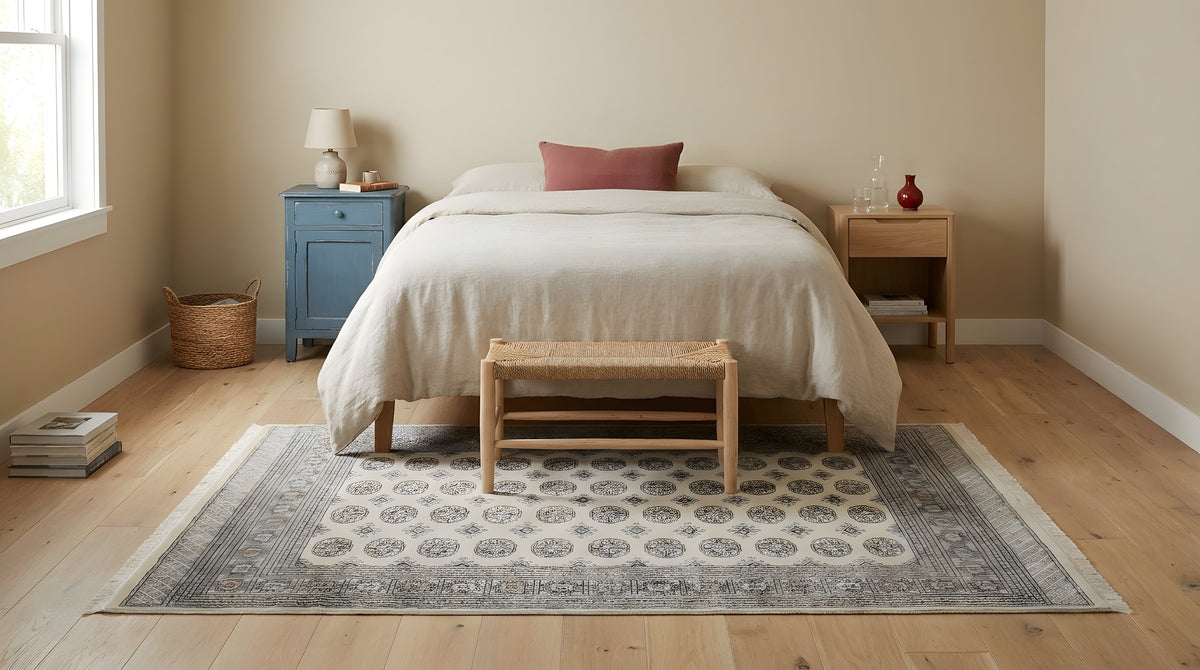 Rustic Nina Beige Hand Knotted Wool Rug in a bedroom