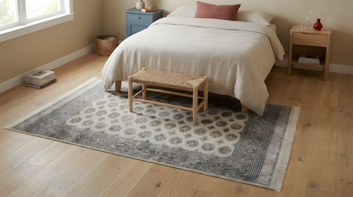 Rustic Nina Beige Hand Knotted Wool Rug in a bedroom