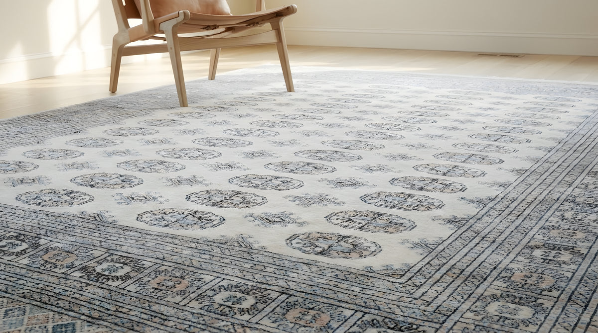 Rustic Nina Beige Hand Knotted Wool Rug in a sunroom