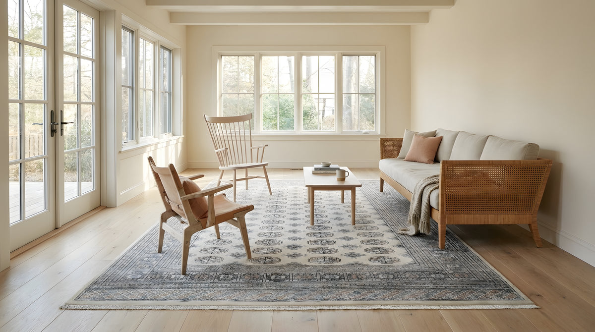 Rustic Nina Beige Hand Knotted Wool Rug in a sunroom