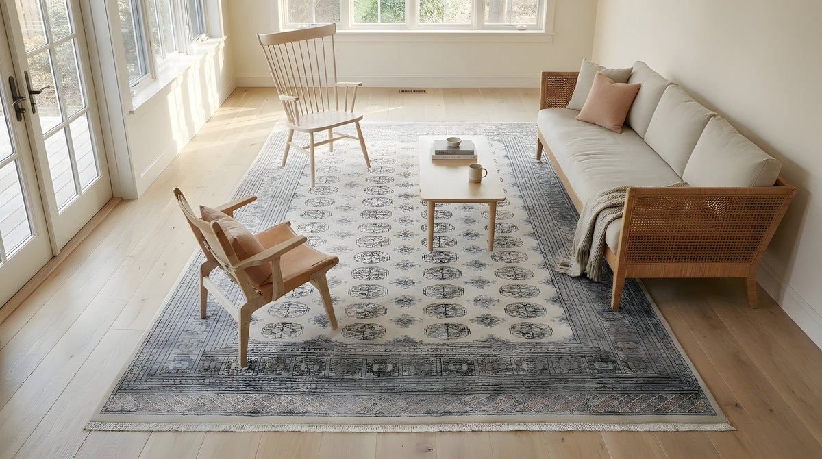 Rustic Nina Beige Hand Knotted Wool Rug in a sunroom