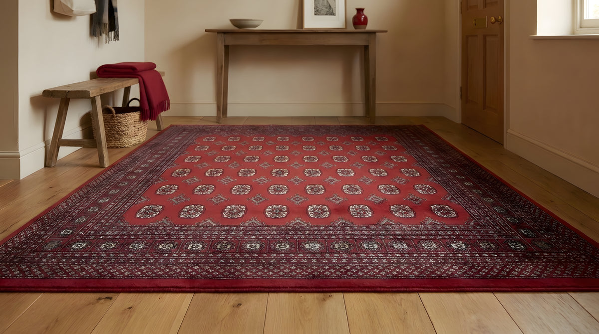 Rustic Nina Red Hand Knotted Wool Rug in a entryway