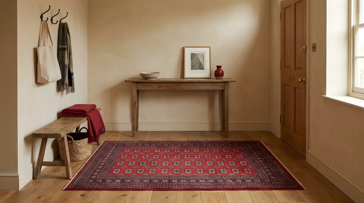Rustic Nina Red Hand Knotted Wool Rug in a entryway