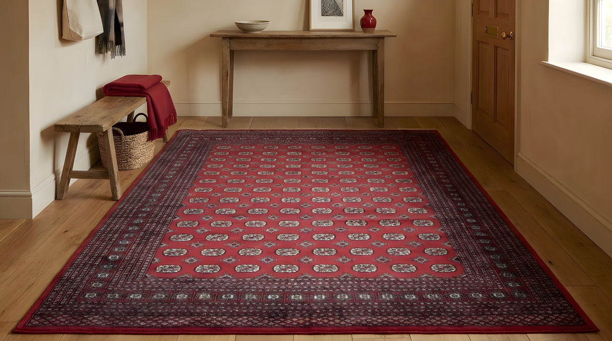 Rustic Nina Red Hand Knotted Wool Rug in a entryway