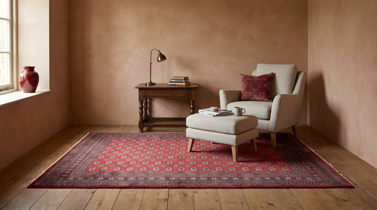 Rustic Nina Red Hand Knotted Wool Rug in a reading nook