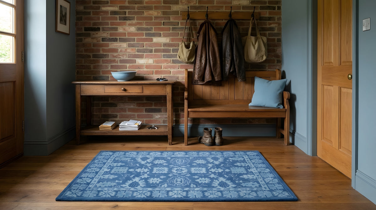 Rustic Oriental Blue Hand Tufted Wool Rug in a entryway