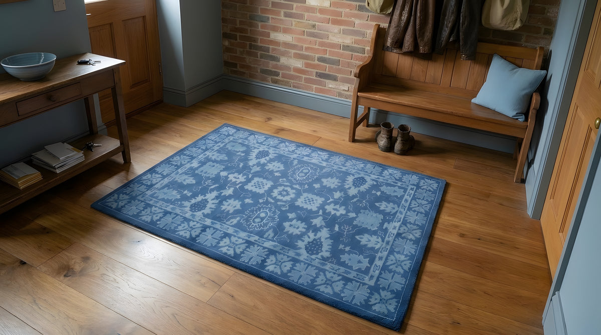 Rustic Oriental Blue Hand Tufted Wool Rug in a entryway