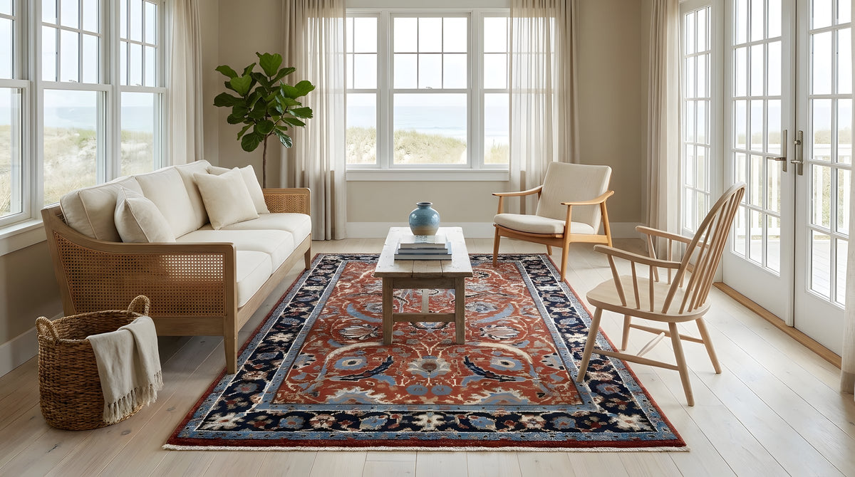 Rustic Oriental Red Hand Knotted Wool Rug in a sunroom